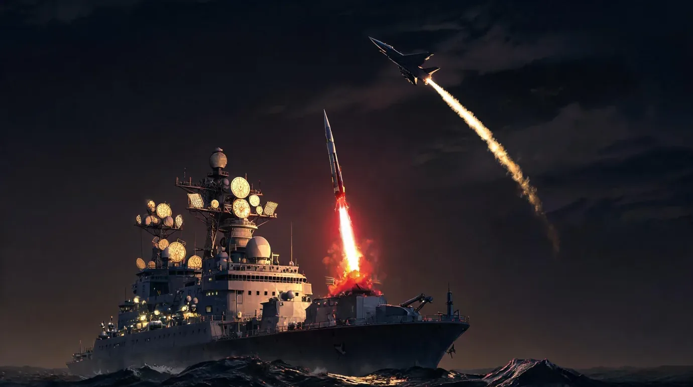 Thema III Verteidigung und Sicherheit: Kriegsschiff bei Nacht mit Raketenstart und Kampfjet